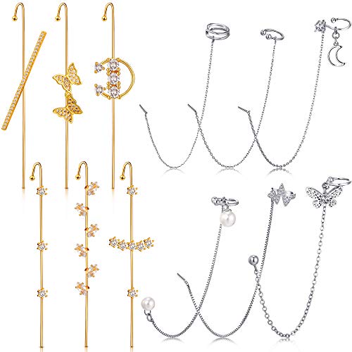 12 Pieces Ear Cuff Wrap Crawler Hook Earrings Rhinestone Chain Tassel Earrings Simple Ear Clips for Women Girl Valentine's Day