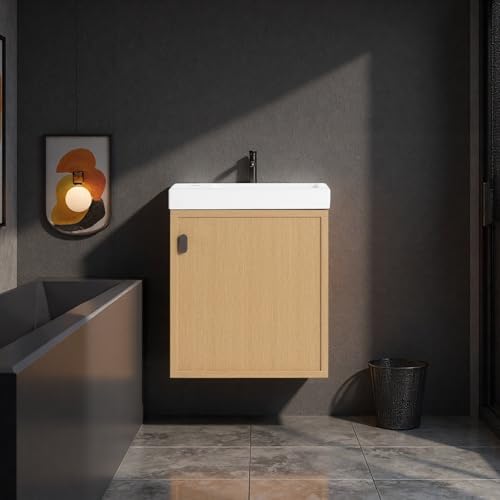 Image of 18.5 inch Bathroom Vanity with Resin Sink, Modern Wall-Mounted Floating Bathroom Vanity with Soft Closed Single Door for Home, Undermount Storage Cabinet, Easy to Clean, Natural Wood