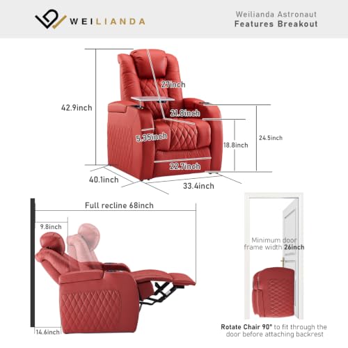 Image of Weilianda Home Theater Seating, Top Grain Leather Movie Theater Chair | Red Row of 1, Zero Gravity, Power Headrest, Tray Table, Electric Reclining Seat for Media Room