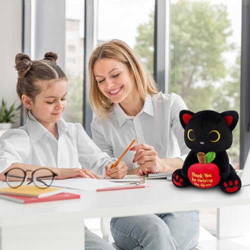 Image of Black Cat Plush Holding Red Apple - Teacher Appreciation Gift Thank You for Helping Me Grow, 8inch Cute Stuffed Cat Plushie, Kawaii Toy Thank You Gift for Women Men Desktop Decor