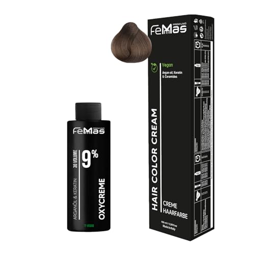 Femmas Set de coloración para el cabello rubio claro chocolate intenso 8,99 I Hair Color Cream 100 ml + crema de óxido 100 ml 9% I coloración permanente del cabello + desarrollador I Suave y duradero