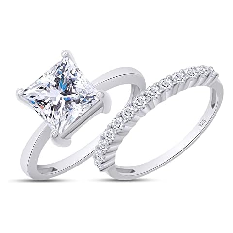 Wishrocks 925 Sterling Silver 7MM Square Princess Cut Lab Created Moissanite Diamond Solitaire Ring With Band Gift For Womens & Girls With Certificate of Authenticity(G-H Color, Metal, Moissanite Cover