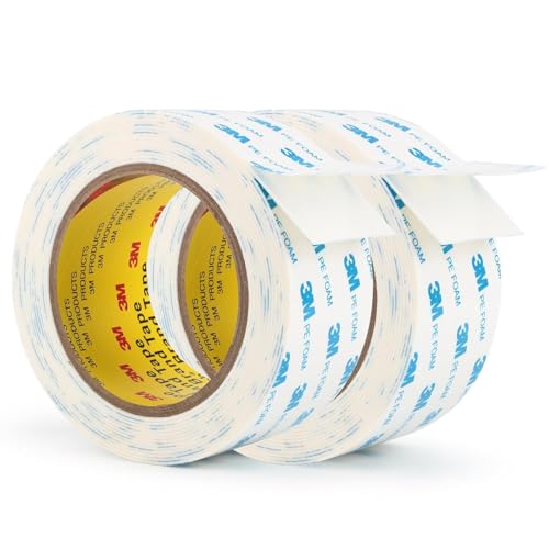 3M 1600T Double Sided Tape, 2 in x 18 ft White PE Foam Tape, 2 Pack