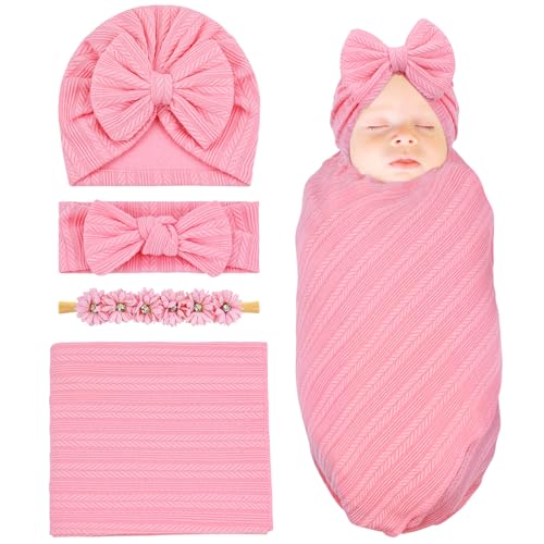 Image of Cinaci 4pcs Pink Soft Nursery Newborn Baby Receiving Swaddle Blanket with Matching Turban Hat Bow Headbands Floral Nylon Headbands for Baby Girls Newborn Infants