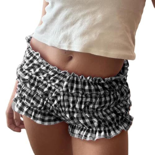 Image of Yuemengxuan Women Y2k Ruffle Shorts Ruched Plaid Shorts Micro Shorts Pajama Bottoms Y2k Cute Fairy Lace Edge Pettipants