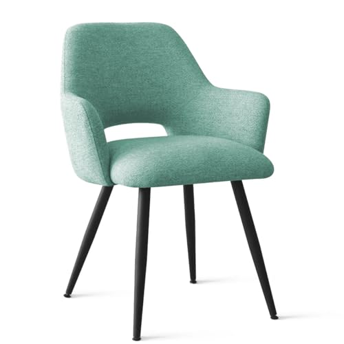 Image of Finch Fox Motel Luxurious Home Collection Upholstery Fabric Arm Dining Room Chairs in Pista Color with Black Metal Powder Coated Legs (Set of 4)