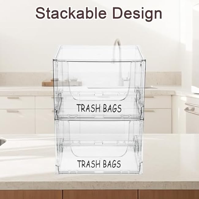 Trash Bag Holder Stand,Stackable Trash Bag Dispenser with Lids, Plastic Under Sink Organizers and Stackable Storage Box, Large Garbage Bags Dispenser for Kitchen, Pantry, Laundry Room
