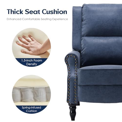 Image of Leather Recliner Chair with Adjustable Backrest & Footrest, Blue | Adjustable Backrest & Footrest, Medieval Style Overstuffed Arms, Quality Faux Leather