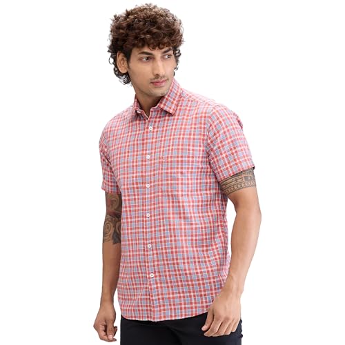 Image of Colorplus Men's Regular Fit Checks Pattern Pure Cotton Plain Collar Half Sleeve Casual Shirt