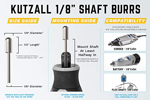 Kutzall Extreme Ball Nose Burr, 1⁄8" Shaft, Very Coarse - Woodworking Attachment For Dremel, Foredom, Dewalt, Milwaukee. Abrasive Tungsten Carbide, 1⁄4" (6.3Mm) Dia. X 1⁄2" (12.7Mm) Length, Bnx-14-Ec #TOP2