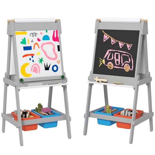 AIYAPLAY Pizarra Infantil Caballete de Pintura para Niños 3 en 1 Pizarra de Doble Cara con Rollo de Papel Borrador y Cajas de Almacenamiento Gris