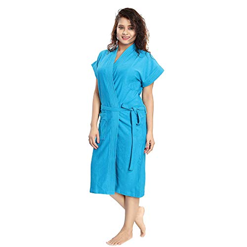 Image of bathrobes terry cotton free size bathrobe for women, bathsuit fit up to 42 inches chest size ladies - Ferozi Blue bathrobe