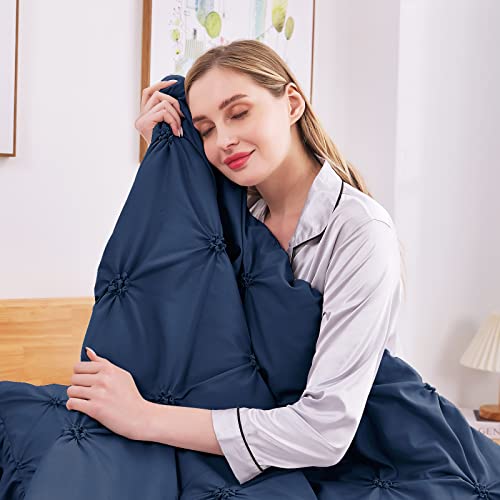 JOLLYVOGUE Navy Blue Twin Size Comforter Sets 5 Pieces, Pintuck Bed in a Bag Comforter Set for Bedroom, Bedding Comforter Sets with Comforter, Sheets,Ruffled Shams & Pillowcases