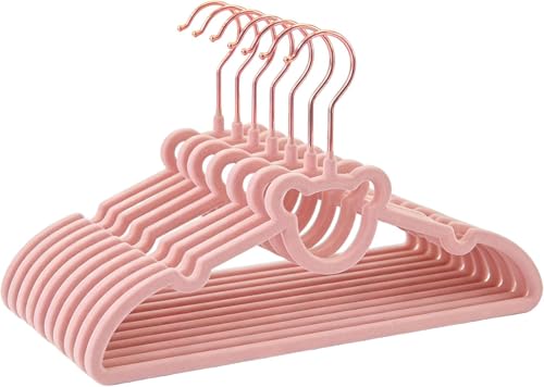 Image of BGRQRIQ 30 Pack Pink Velvet Kids Clothes Hangers - 12.6in for Ages 4-10, with Cute Bear, Rotating Rose Gold Hook, Non-Slip, Space-Saving Slim Felt Hangers for Toddler Coats, Jackets, Dresses