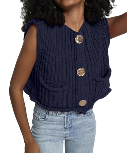 Image of Women's Sleeveless Crochet Cardigan Vest Casual Fashion Button Down Open Front Sweater Vest with Pockets