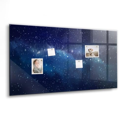 Pizarra magnética de vidrio templado con imanes fuertes | Rotulador y borrador incluidos | Ideal para notas, calendario, listas y organización visual- 120x60 - Cielo oscuro y estrellas