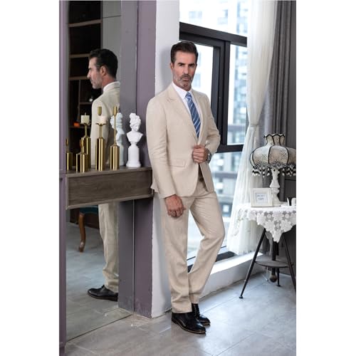 Men's Linen Suits Regular Fit Casual 2 Piece One Button Blazer Jacket3