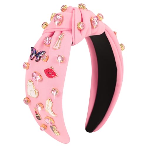 Gmmidea Music Knotted Headbands for Women Singer Fans Music Concert Hair Accessories Guitar Red Lip Cowgirl Rhinestone Jeweled Headband Fashion Party Decorative Hairband Gifts