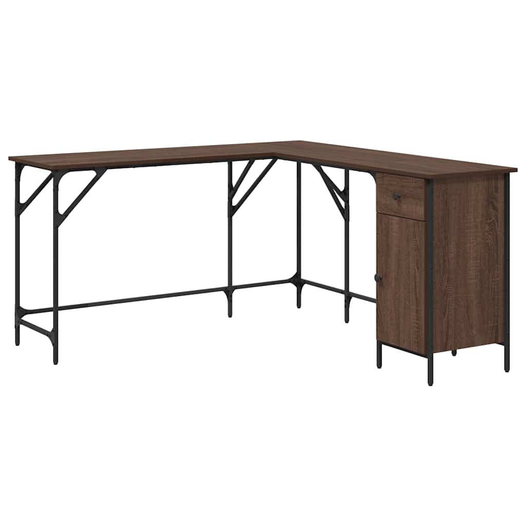 Poste de travail PC en L marron 141x141x75cm table de jeu gaming avec cadre métal et pieds réglables