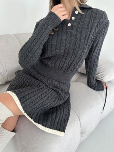 chouyatou Women's Cable Knit 2 Piece Outfits Long Sleeve Polo Sweater and Elastic Waist Pleated Mini Skirt Sets2