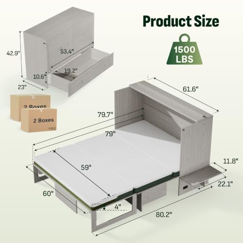 Image of Softa Queen Murphy Bed Cabinet with 4 inch Tri-Fold Mattress, Storage Drawer & Charging Station, 1200 Lb Heavy Duty Wood Wall Bed with Fold-Down Desk for Guest Room & Home Office, No Box Spring Needed