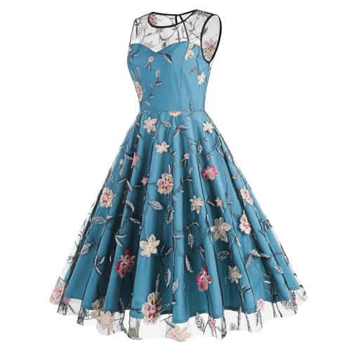 Image of Tulle Embroidery Floral Dress for Women Sleeveless Mesh Flower Embroidered Tulle Prom Dress Summer Wedding Tea Party Dress