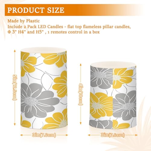 Image of Yellow Gray Flowers Flickering Flameless Candles LED Battery Operated with Remote Timer Pillar Candles for Home Birthday Wedding Christmas Decor, Set of 2