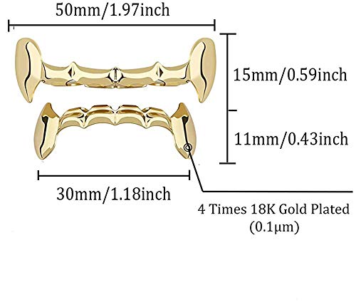 canjoyn 18K Gold Plated Dracula Vampire Fangs Slug Top and Bottom Grills for Your Teeth Grillz Set for Men and Women Hip Hop - Thumbnail 2