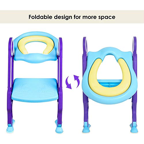 Potty Training Toilet Seat with Step Stool Ladder for Boys and Girls Baby Toddler Kid Children Toilet Training Seat Chair with Handles Sturdy Wide Step (Blue Purple Upgrade Pu Cushion)