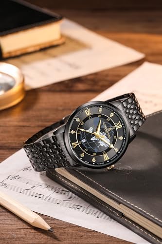 Image of London Fog Baker Collection Analog Quartz Watch for Men, Round World Map Dial with Month Markers & Crystal Accents, Luminous Hands, Stainless Steel Strap - LFM10009