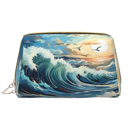 Wave Barca a vela Seagull Makeup Bag Donna - Grande CapacitàTravel Cosmetic Bag PU Leather Zipper Pouch Portable Wide Open Organizer