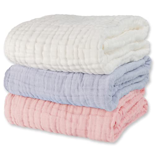 Image of WinReal Muslin Baby Bath Towels Set 3 Pack Ultra Soft and Absorbent Baby Towels Infant Toddler Blanket Towel 6-Layer Natural Cotton Towel Suitable for Girl Boy 40x40 inches (White&Pink&Grey)