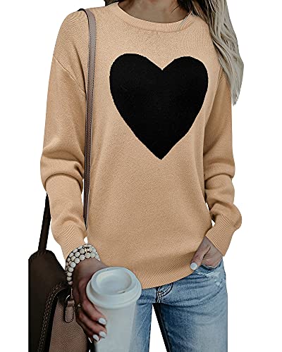 Ii Inin Women's Cute Crew Neck Pullover Sweater Long Sleeve Blouse Heart Knitted Tops(Khaki,L) #TOP14