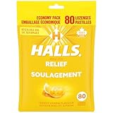 HALLS Honey Lemon Flavour Cough Drops, Throat Lozenges, Sore Throat Relief, Mentho-Lyptus, 80 Lozenges, Prepared in Canada