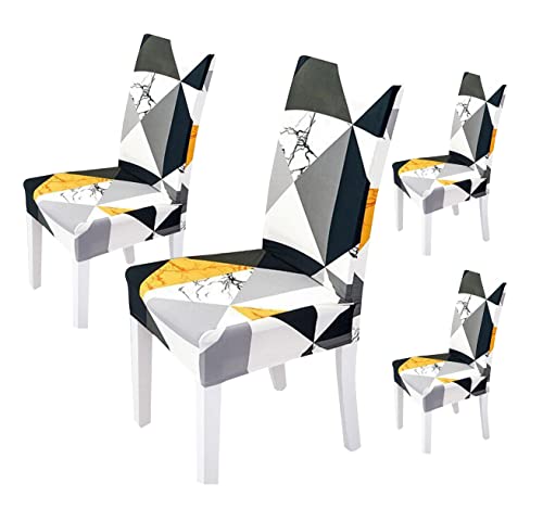 Image of House of Quirk Elastic Chair Cover Stretch Removable Washable Short Dining Chair Cover Protector Seat Slipcover (Pack of 4, Yellow Black Prism), Polyester