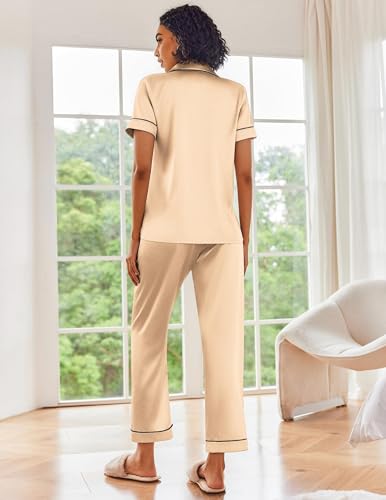 Image of Ekouaer 2 Piece Satin Short Sleeve Pajamas Set Button Down Sleepwear | Soft Pjs Set Classic Loungewear for Wedding, Party, Home, Daily Wear, Date Nights