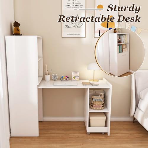Image of White Foldable Office Desk, Fold Out Convertible Hidden Murphy Computer Desk with Storage Shelves, Multi-Function Folding Writing Table for for Small Spaces, Home Office