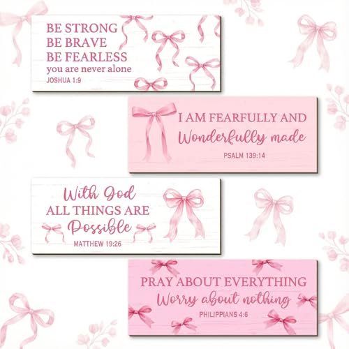 4Pcs Pink Bow Coquette Wooden Room Wall Decor for Teen Girls Pink Christian Wall Art for Nursery & Bedroom Living Room Cute Bows Bible Verse Baby Girl Home Decor Inspirational Wooden Signs