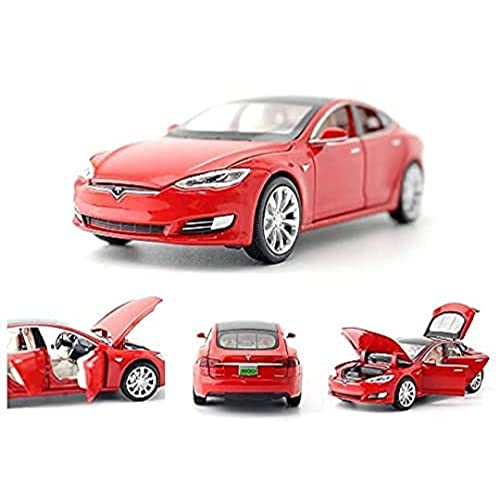 Image of DEOXY 1:32 Scale Tesla Model S Die-Cast Toy Car - Red Electric Car Model with Openable Doors, Hood & Trunk, Pull Back Action, Light & Sound Effects - Metal Body for Kids