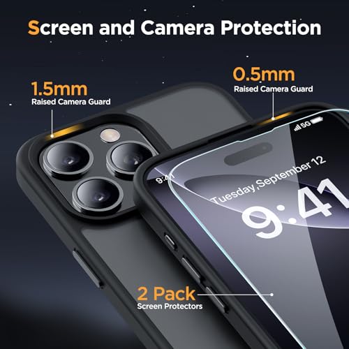 Image of Miracase for iPhone 16 Pro for MagSafe [with 2x9H+ Screen Protectors] TOP Military-Grade Protection Shockproof with Velvet Touch for iPhone 16 Pro Case 6.3 inch, Classic Black