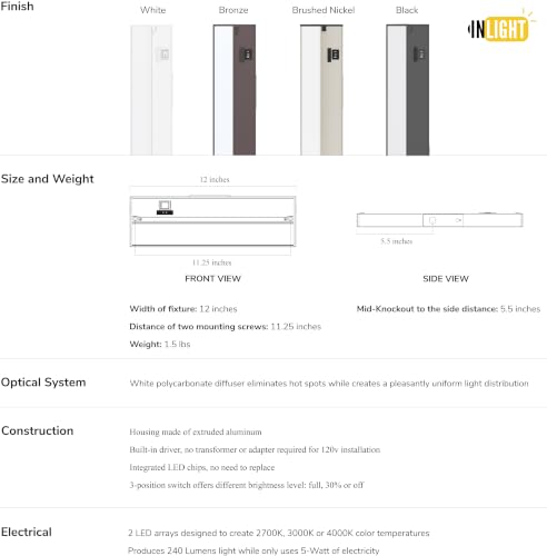 Image of GETINLIGHT 12-Inch Linkable 3CCT LED Under Cabinet Light, Hardwired /Plug-in
