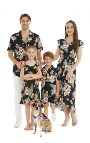 Image of Family Matching Hawaiian Clothes, Hibiscus Black | Black Hibiscus Print • Soft Rayon Fabric • Family Matching Outfits • Vacation Ready • Luau Party Wear