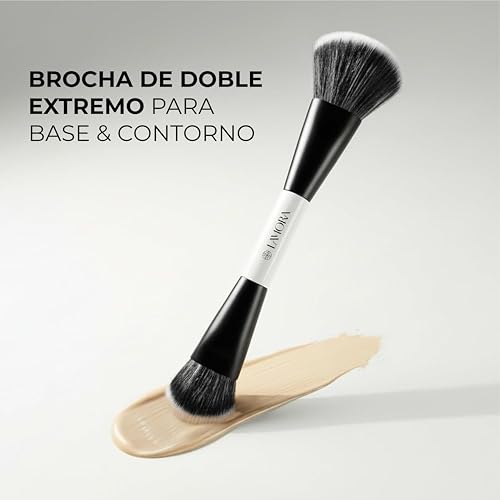 Lamora Bronceador Crema + Contorno Base Brocha Maquillaje Doble - Brocha Base Maquillaje Kabuki Duo para Crema o Liquido Colorete Iluminador Corrector - Vegano, Sin Crueldad & Cerdas Sintéticas - imagen 3