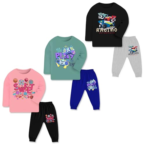 Image of TS LAVI TAVI Trendy Printed Unisex Cotton T-Shirt & Pyjama Set | Full Sleeve Top & Track Pant | Boys & Girls | Pack of 3 | Newborn & Kids