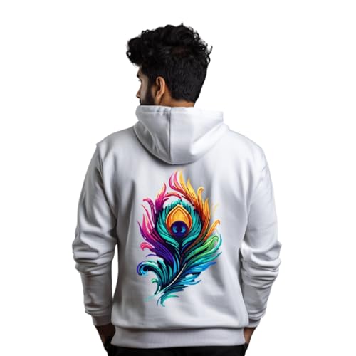 Image of prabhu bhakti Solid White Peacock Feather Back Printed Pullover Full Sleeve White Hoodies Full for Men