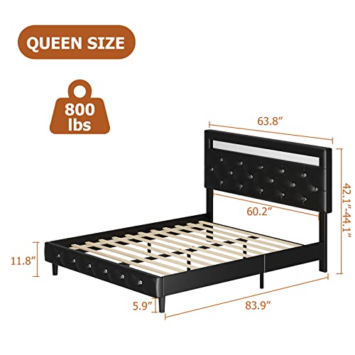 Modern Upholstered Platform Bed Frame With Led Headboard, Faux Leather Low Profile Platform Bed Frame, Strong Wood Slat Support, Adjustable Upholstered Headboard, Easy Assembly, Black, Queen Size #TOP1