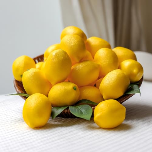 DONOTGO 20Pcs Fake Lemons Artificial Fruits with 25 Leaves Faux Yellow Lifelike Plastic Lemon Decorations Realistic Limes Fruit Decor for Home Kitchen Table Cabinet Holiday Party Photography Props