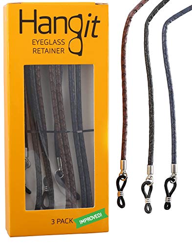 HANGIT, Elegant Eyeglass, Sunglass Strap-Chain-Retainer, Sports Band, 3 Pack (blue black brown - PU Leather For Men Women By HANGIT