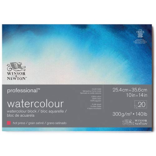 Winsor & Newton Papel de Acuarela Profesional, Grano Satinado, 300gr, 100% Algodón, Blanco Natural, Libre de Ácidos, 25,4X35,6CM, Bloc Encolado en los 4 Lados, 20 Hojas