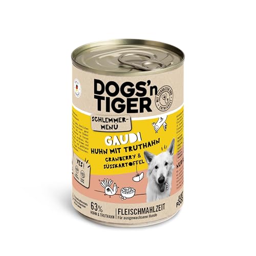 Dogs’n Tiger Adult Hundefutter, Gaudi, Hundenassfutter mit Huhn, Truthahn, Cranberries und Süßkartoffel - ohne Getreide, Zuckerzusatz, künstliche Konservierungsstoffe, 6X 400g